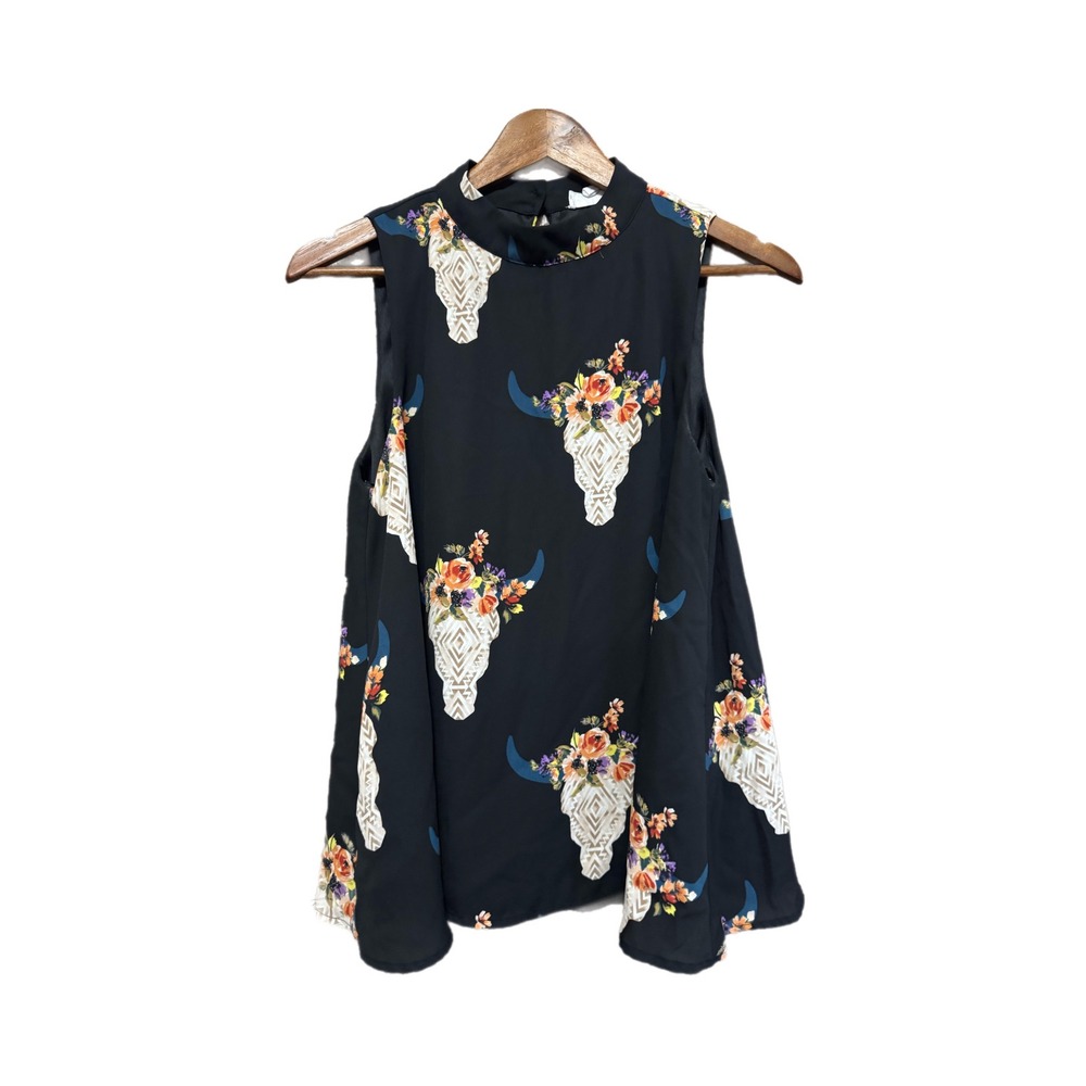 Peach Love California Top Womens Small Black Floral Bull Skull Boho Excellent
